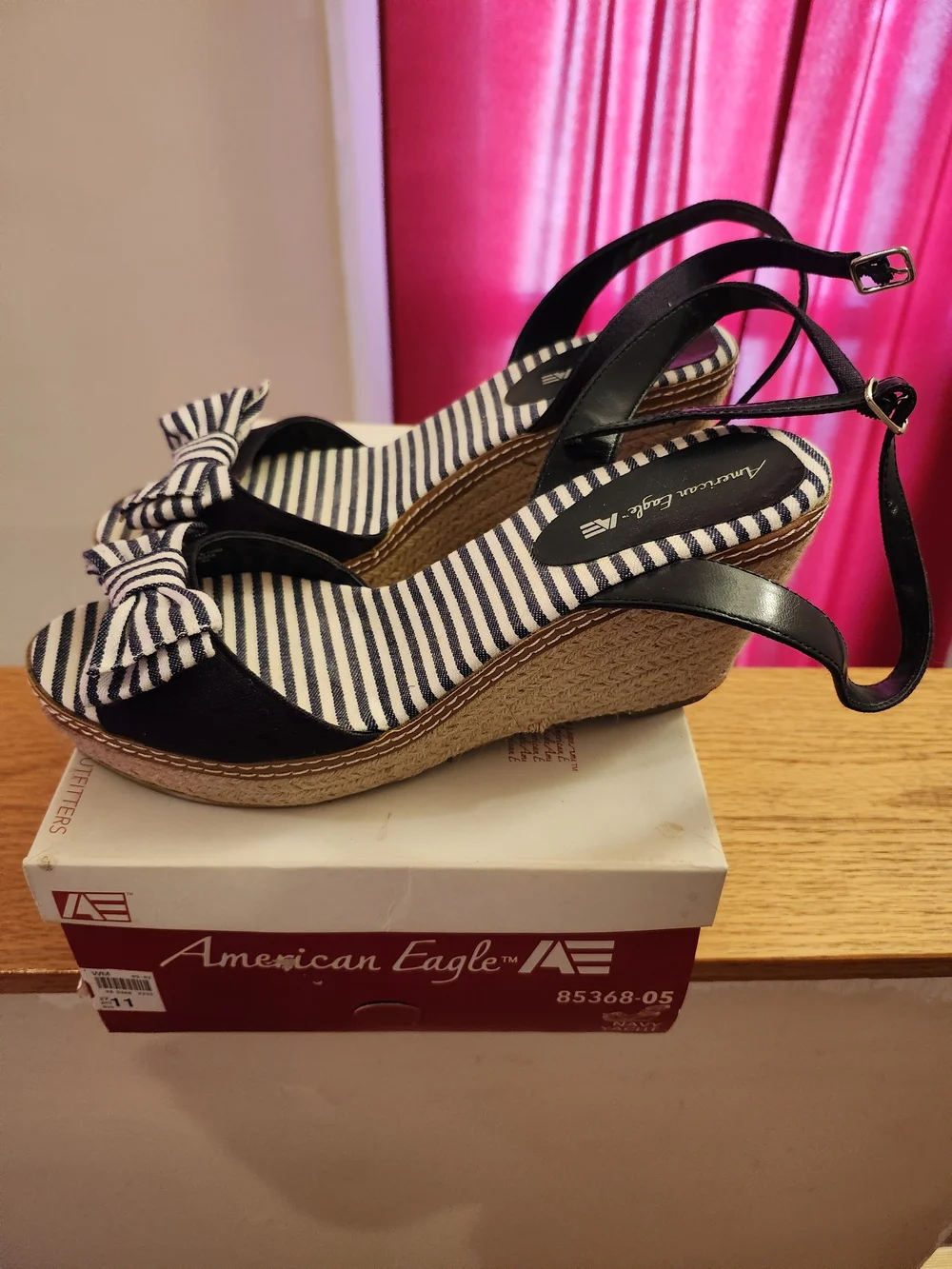 American Age Blue & White Striped Wedge Sandals with Bow